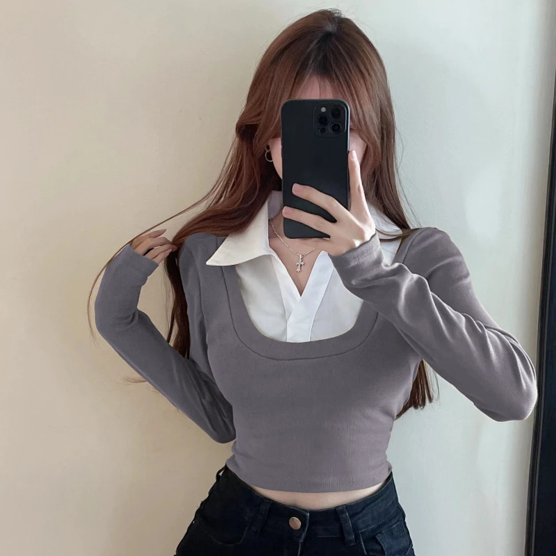 Women\'s Polo Shirts Button Sexy T-shirts Slim Long Sleeve Clothes Tee Crop Top Fake 2 Pcs Korean For Ladies Hot Girl Blouses