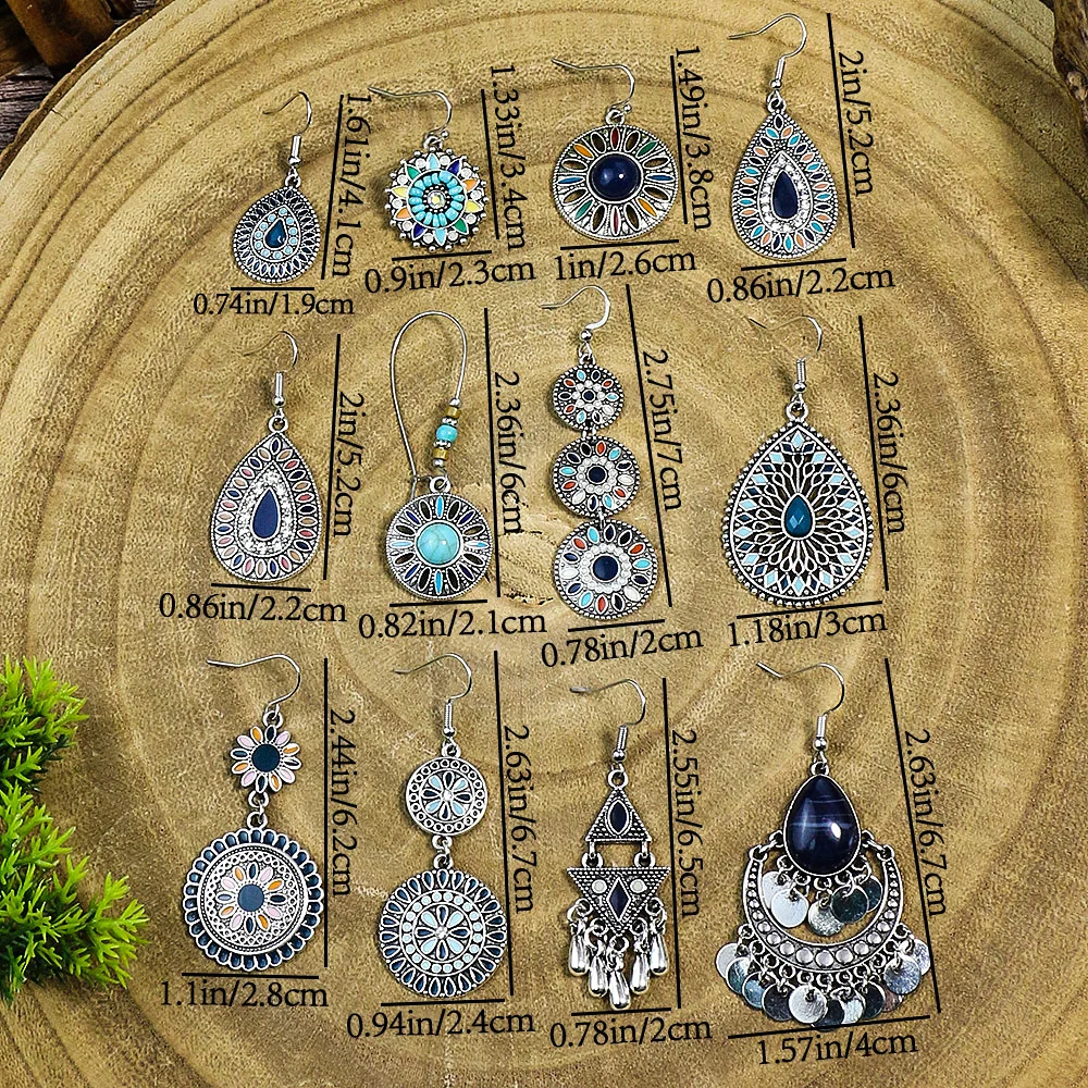 Blue New Alloy Earrings Turquoise Inlaid Bohemian Retro Geometric Round Multi Layered Design Vacation Party Versatile