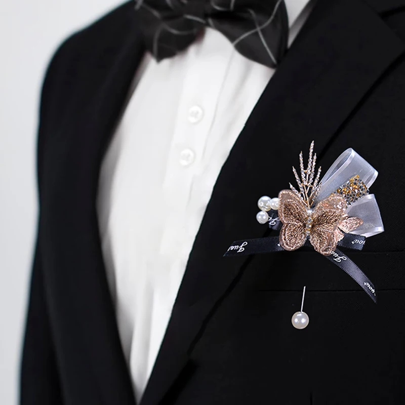 1pc Embroidered Butterfly Boutonniere Men Corsage with Peal and Diamond for Wedding Decor,Cocktail Party Graduation Ball Gift