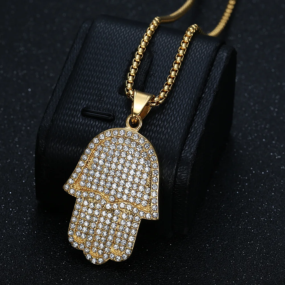 

Gold Plated Stainless Steel Hamsa Pendant Necklace for Men Hip Hop Bling Zircon Statement Chain Urban Streetwear Rapper Gift