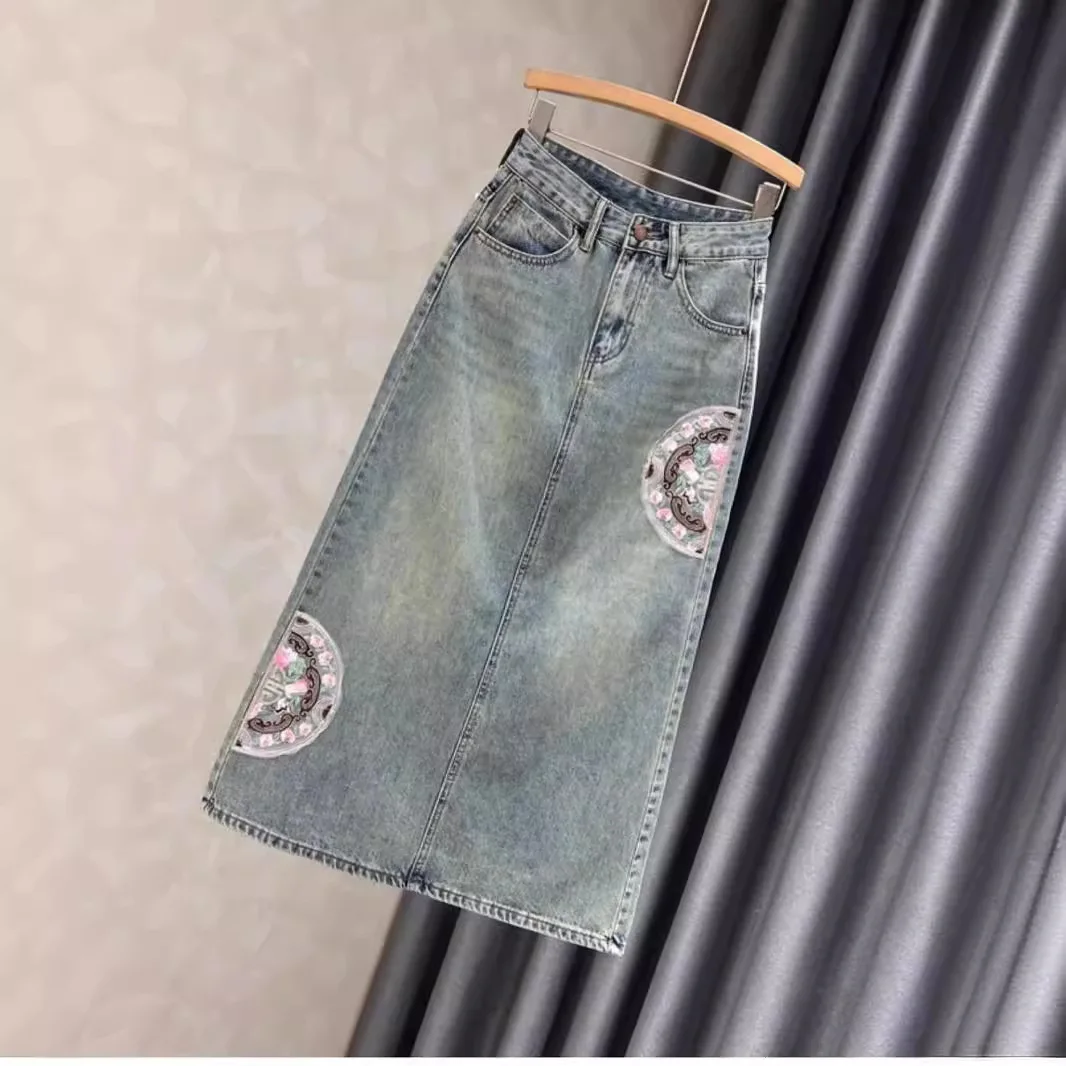 Bordado retrô feminino saia jeans dividida, cintura alta, casual, fina, longa, linha A, moda, verão, novo, 2024