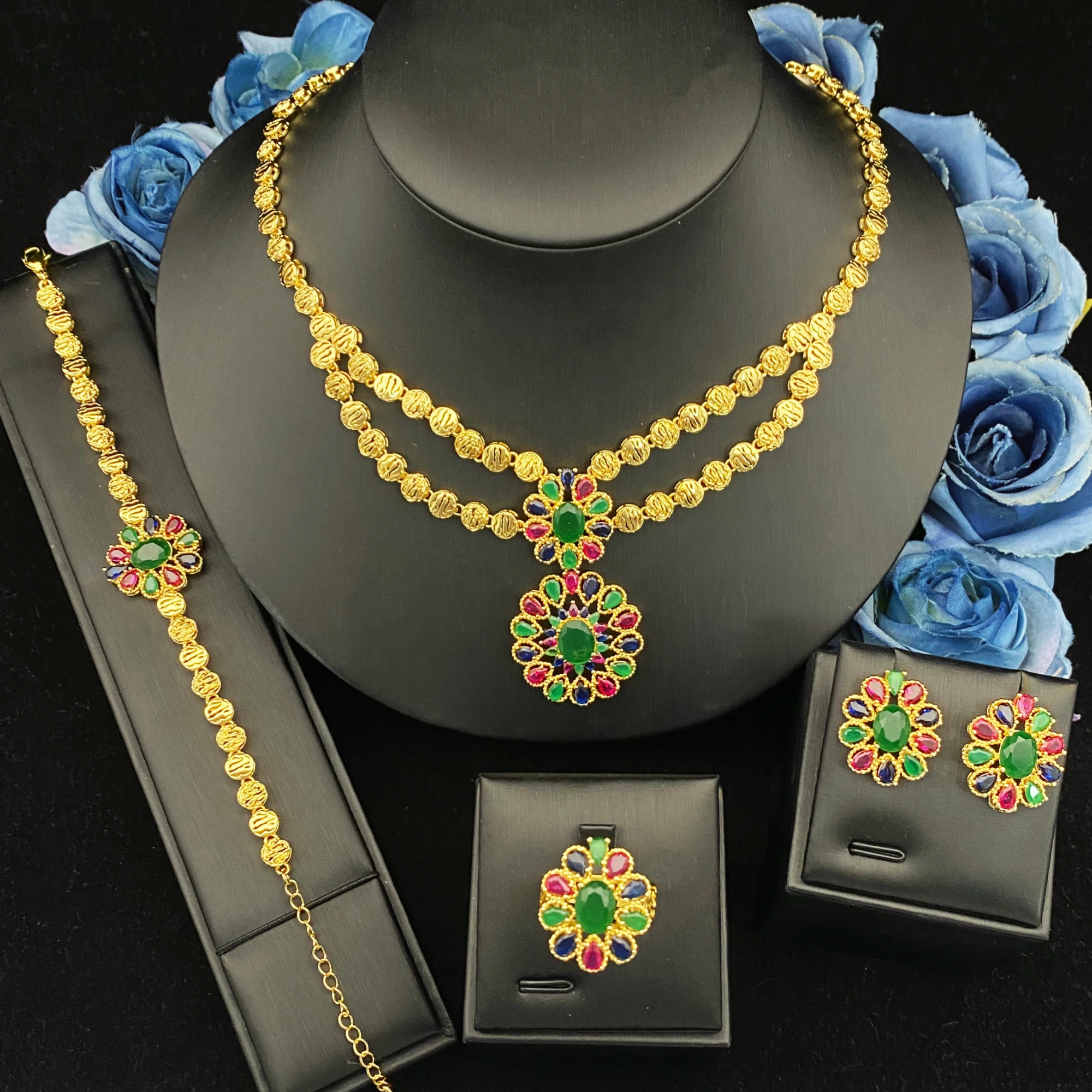JRH Daily Commute Zircon Imitation Women Jewelry Set Gold-Plated Copper Bracelet Ring Necklace Earrings Middle East Style
