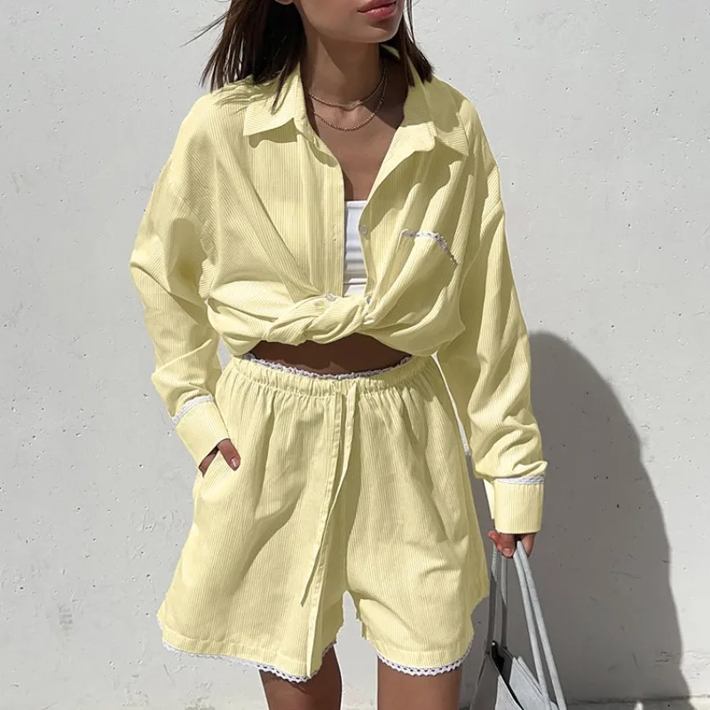 

Womens Striped 2 Piece Outfits Elegant Y2K Long Sleeve Button Down Shirts and Shorts Lounge Matching Sets Casual Loose Tracksuit