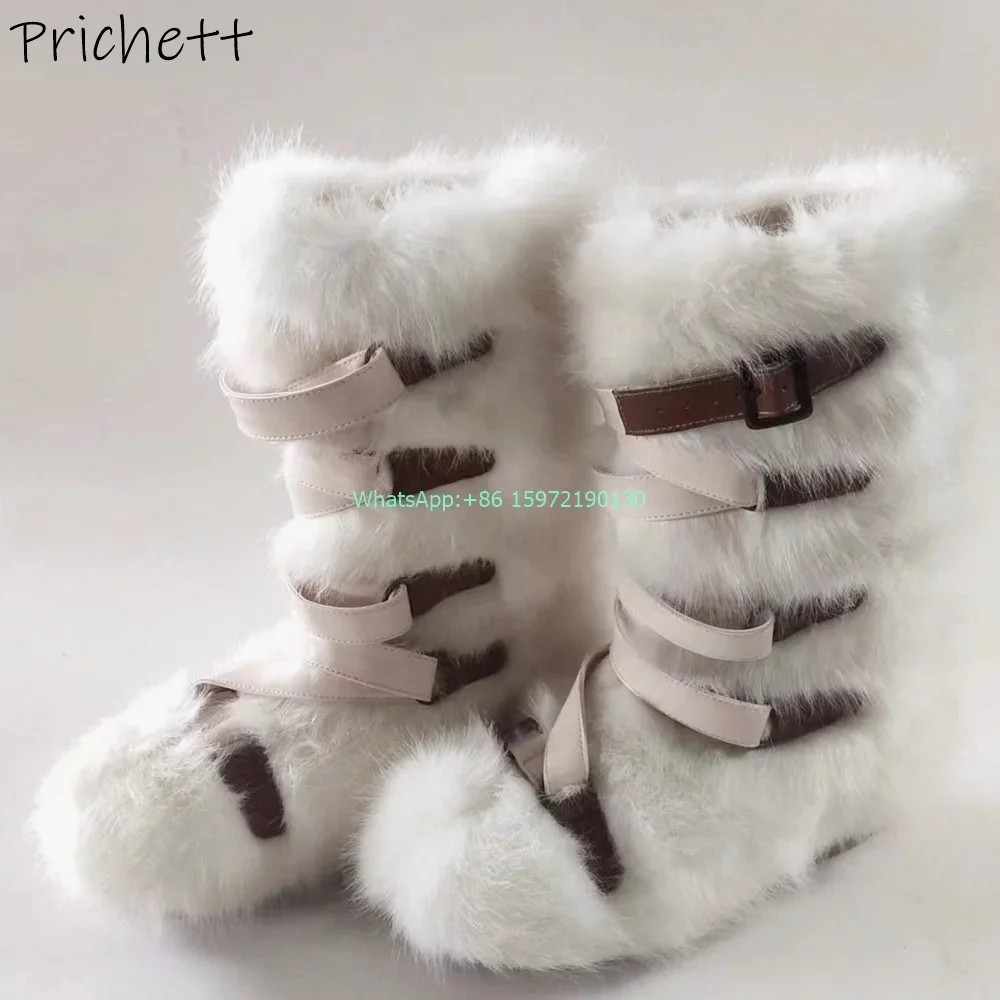 Cony Hair Soft Snow Boot Buckle Belt Thick Soled White Knee High Boots Large Size Winter Warm Lovely Fashion Runway Boots