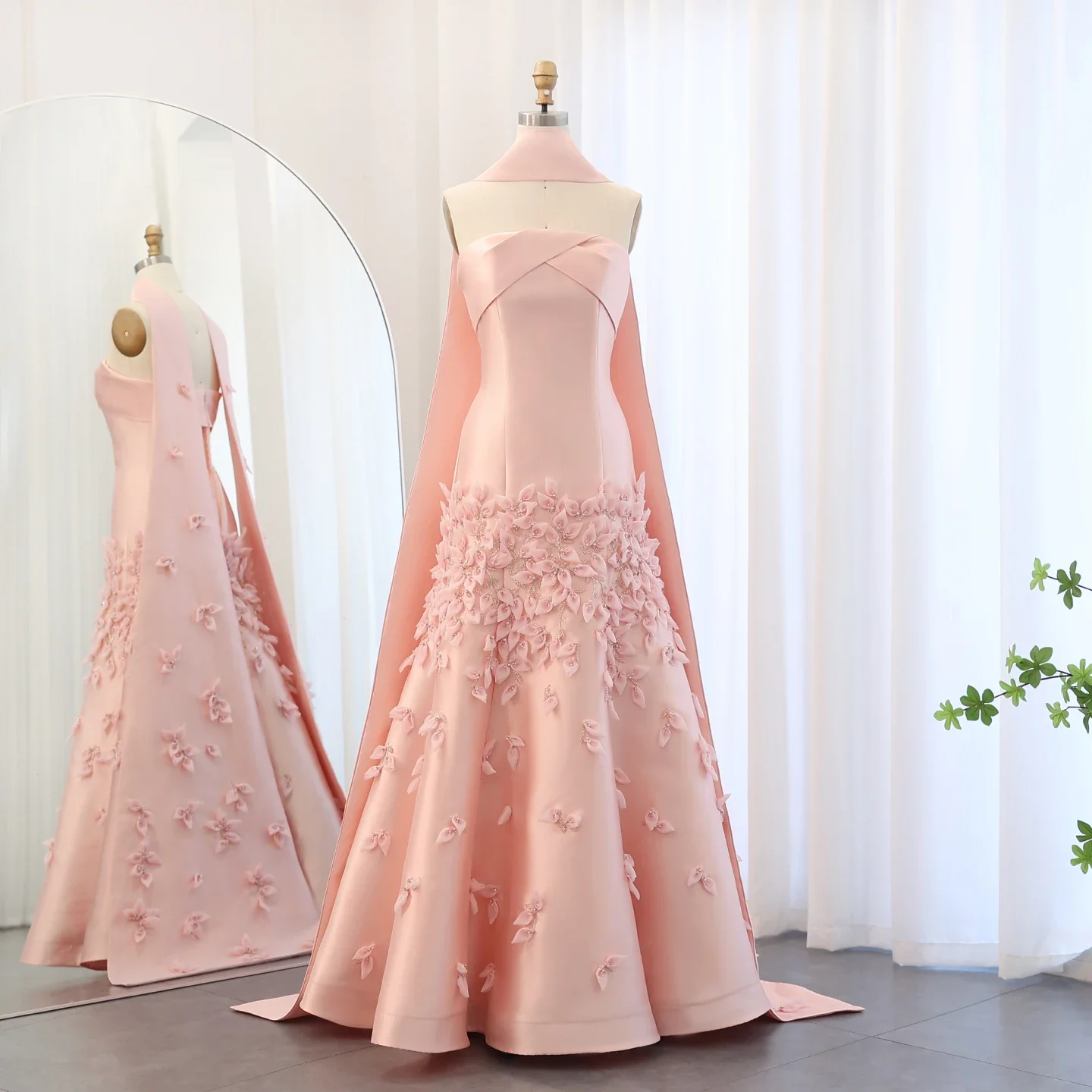 Luxury 3D Leaves Blush Pink Satin Mermaid Cape Evening Dress Dubai Arabic Wedding Prom Party Gowns Customized فساتين سهرة