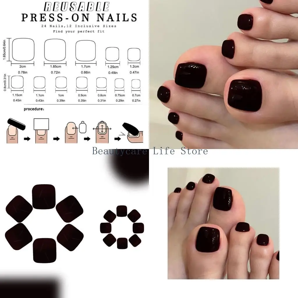 

652C Глянцевые французские кончики поддельные ногти на ногах с дизайном Square Press на ногтях на ногах