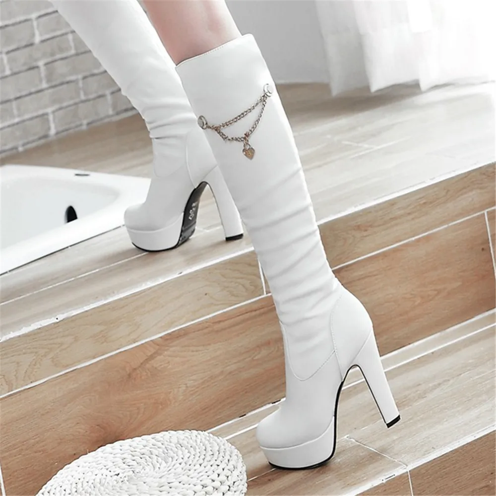 2024 Autumn Winter Knee High Boots Women Fashion Pink White Black Stiletto Heel Long Booties Ladies Chain Platform Boats Mujer