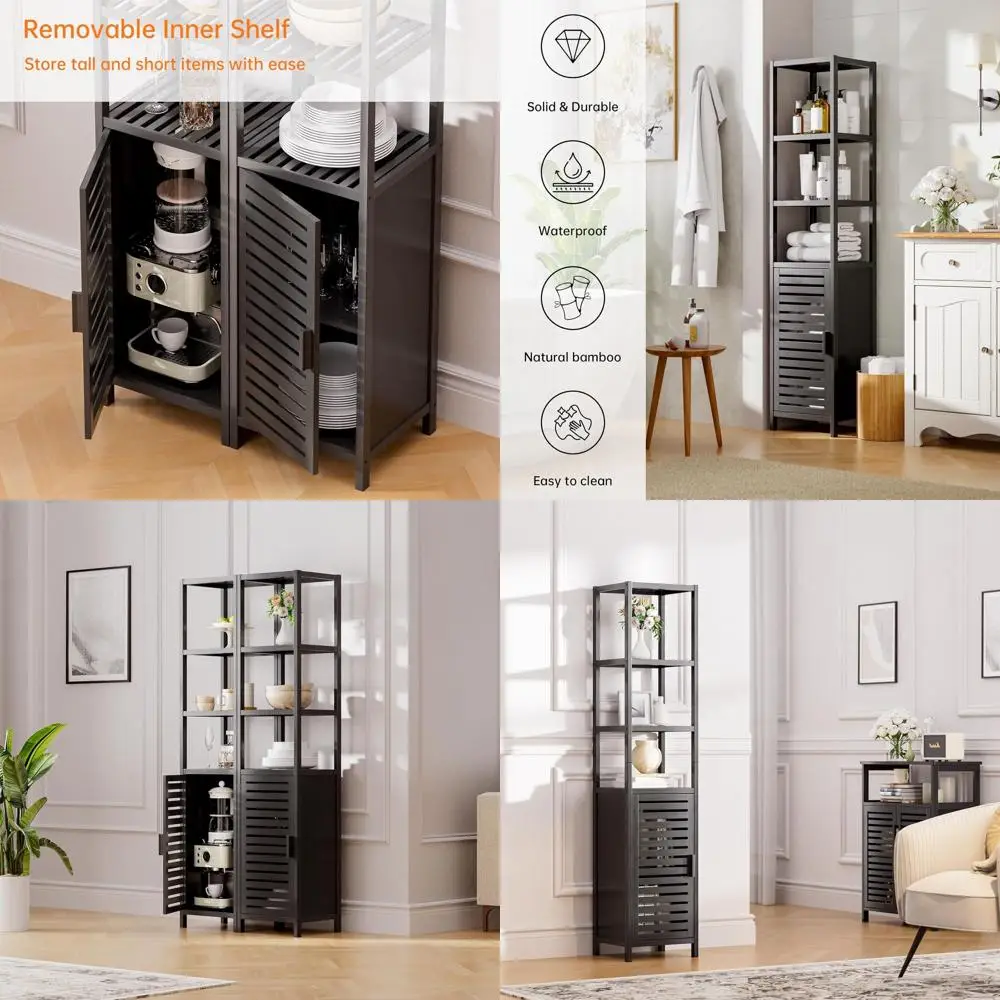 

Space-Saving Bamboo Tall Slim Storage Cabinet with Shelves and Door, Black