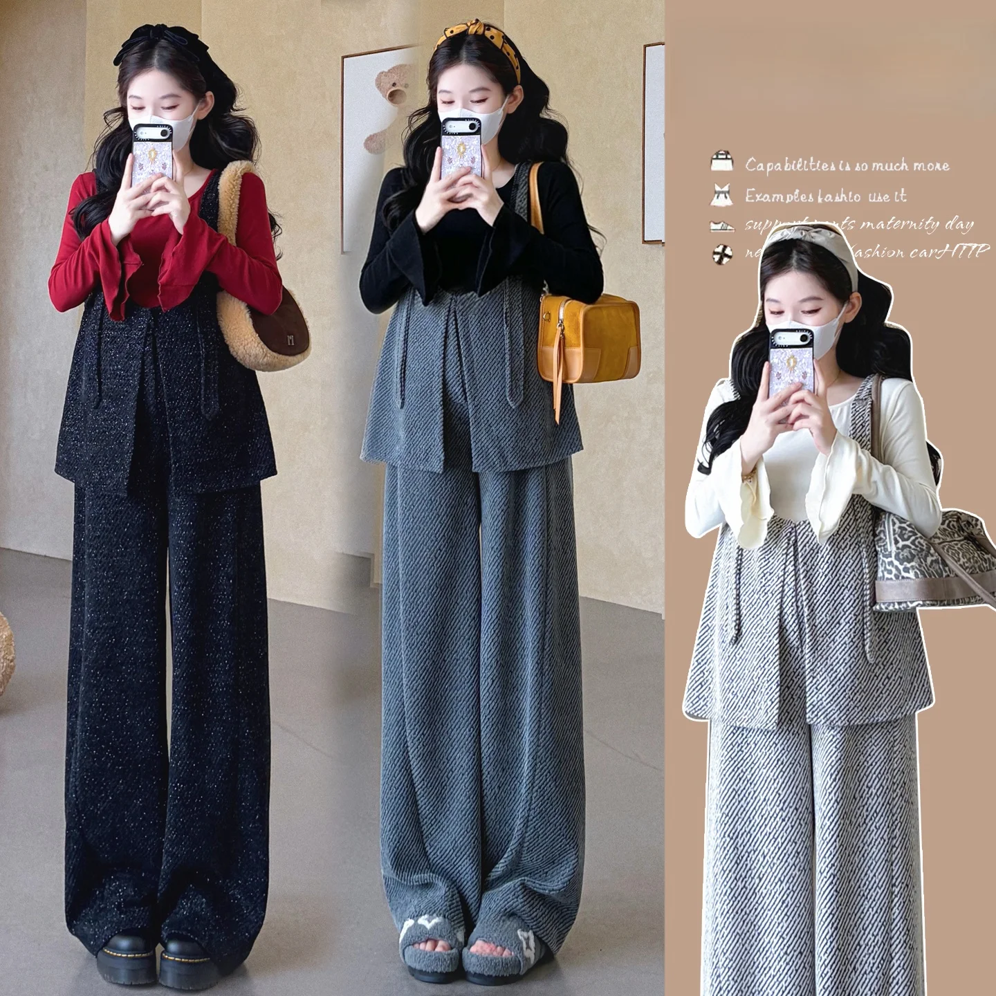 autumnal-maternity-outfit-set-wide-leg-overalls-long-sleeve-top-two-piece-women's-korean-style-cotton-inner-spring-autumn