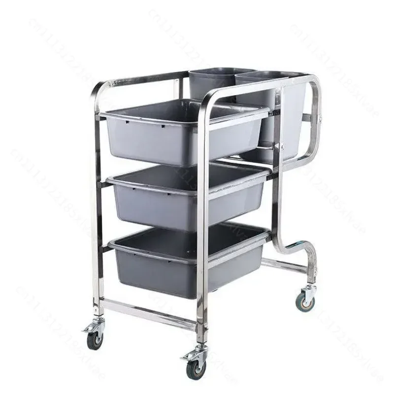 Three Shelf Restaurant Hotel Tableware Collection Cart Bucket Stainless Steel Plate Bowl Cleaning Cart
