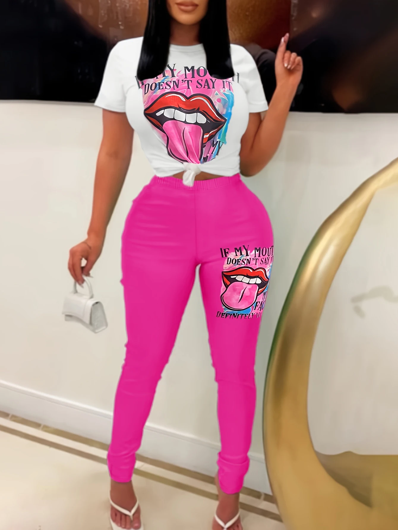 

LW Lip Letter Print Skinny Pants Set Suits Women's Mixed Print 2pcs Outfits Spring & Summer Two Pieces Matching Suit Outfits