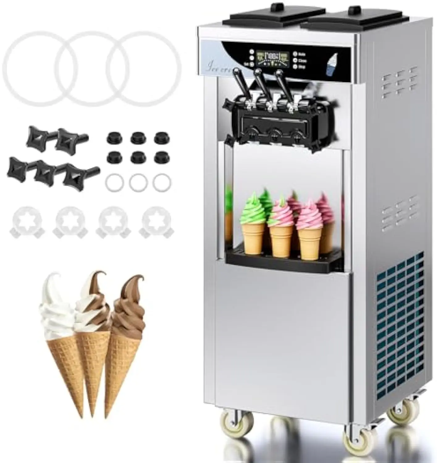 

STLF Commercial Ice Cream Machine Stand Design 1500W Soft Ice Cream Maker 2 X 7L Rangers LCD Display 3 Flavors Ice Cream Maker