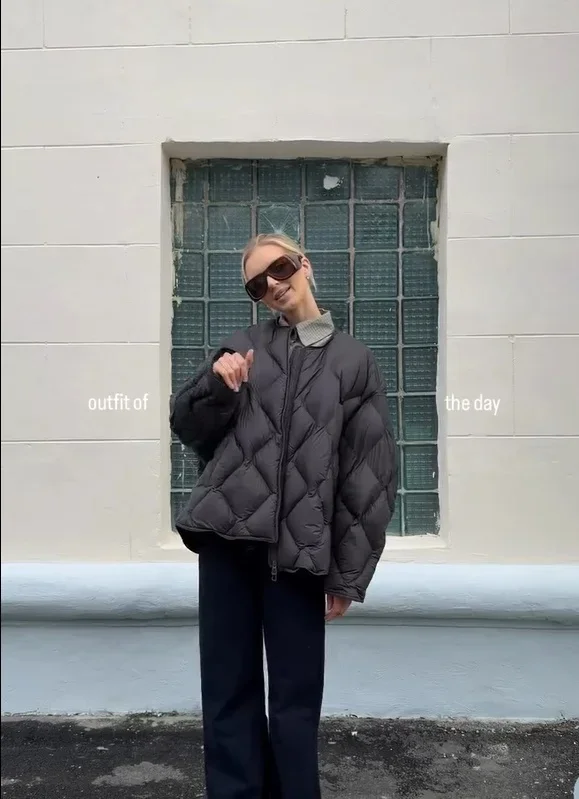 Solid Lightweight Quilted Warm Puffer Jacket Women Chic Crew Neck Zip Up Loose Cotton Padded Coat Winter Lady Daily Outfit 2026