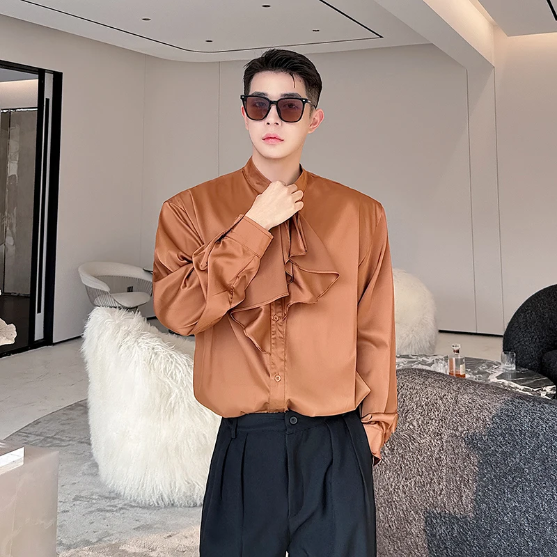 

Spring New Sle Men's Long Sve Stand Collar irt with Lace Trim High Quali Design Casual Faionable Loose Fit irt