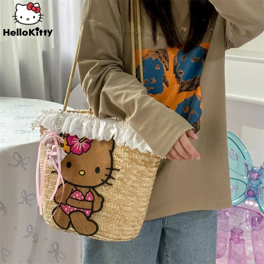 

Hello Kitty Lace Edge Grass Woven Shoulder Bag Seaside Vacation Woven Beach Bag Handheld Cabbage Basket with Large Capacity