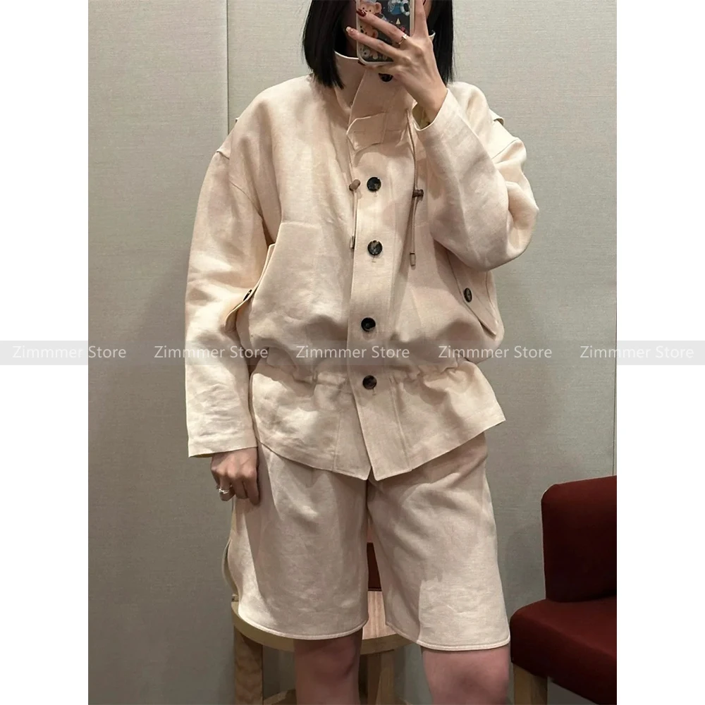 

Linen jacket coat women 24 autumn and winter new simple stand collar waist drawstring design casual tops