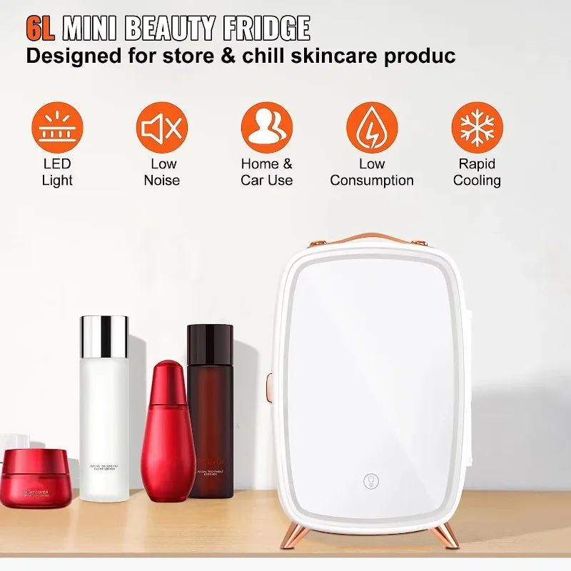 6L Household Portable Mini Refrigerator with LED Makeup Mirror