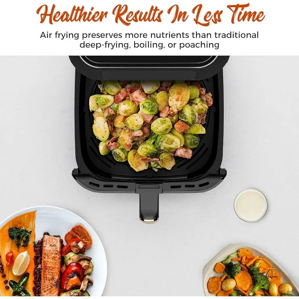 Freidora de aire de 8 cuartos con ventana de visualización 8 preestablecimientos Control de un toque 360 °   Características de seguridad antiadherentes del flujo de aire Turbo Fácil limpieza