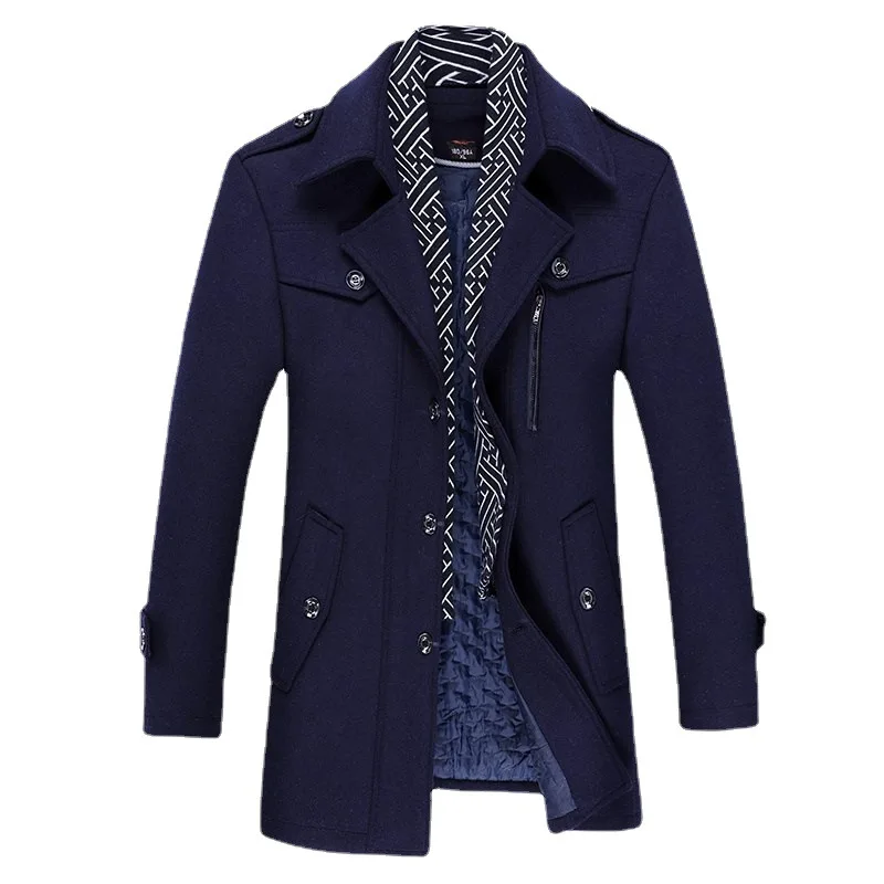 

Autumn Winter Men Overcoat Patchwork Turn Down Collar Single-breasted Male Outerwear Thicken Mid Length Windproof Man Jacket