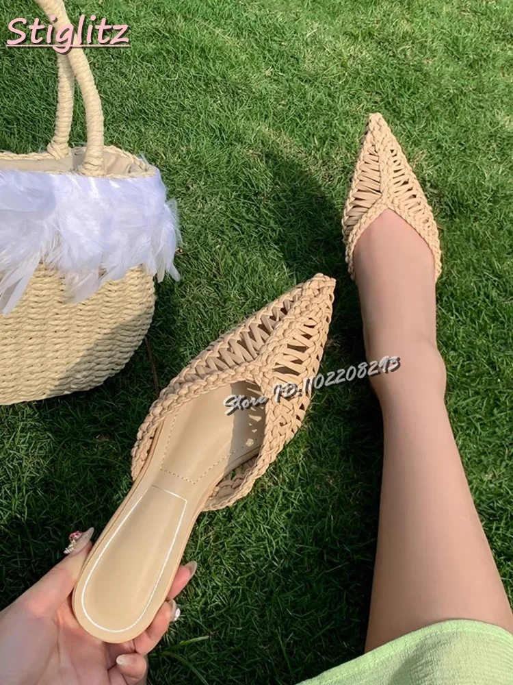 

Плетеные сандалии с острым носком, однотонные римские туфли на мелкой пряжке с ремешками на квадратном каблуке, лето 2023, женские повседневные шлепанцы на плоской подошве на плоской подошве