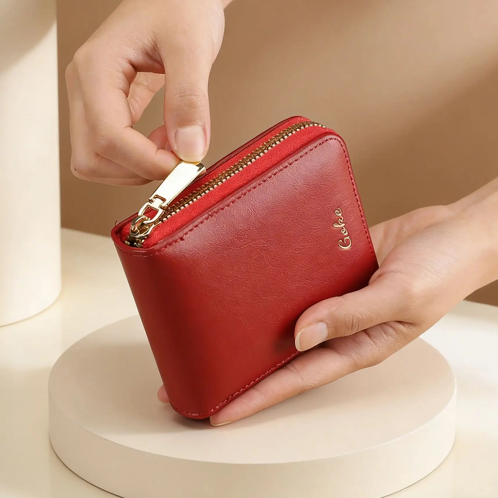BUYLEMO Wine Red Luxury PU Leather Zipper Wallet, Women's Large Capacity Multi-Card Slot Card Holder