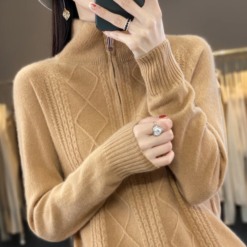 100% Merino Wool Women\'s Turtleneck Sweater Autumn Winter Casual Knit Loose Top Fashion Zipper Half Open Neck Cashmere Pullover