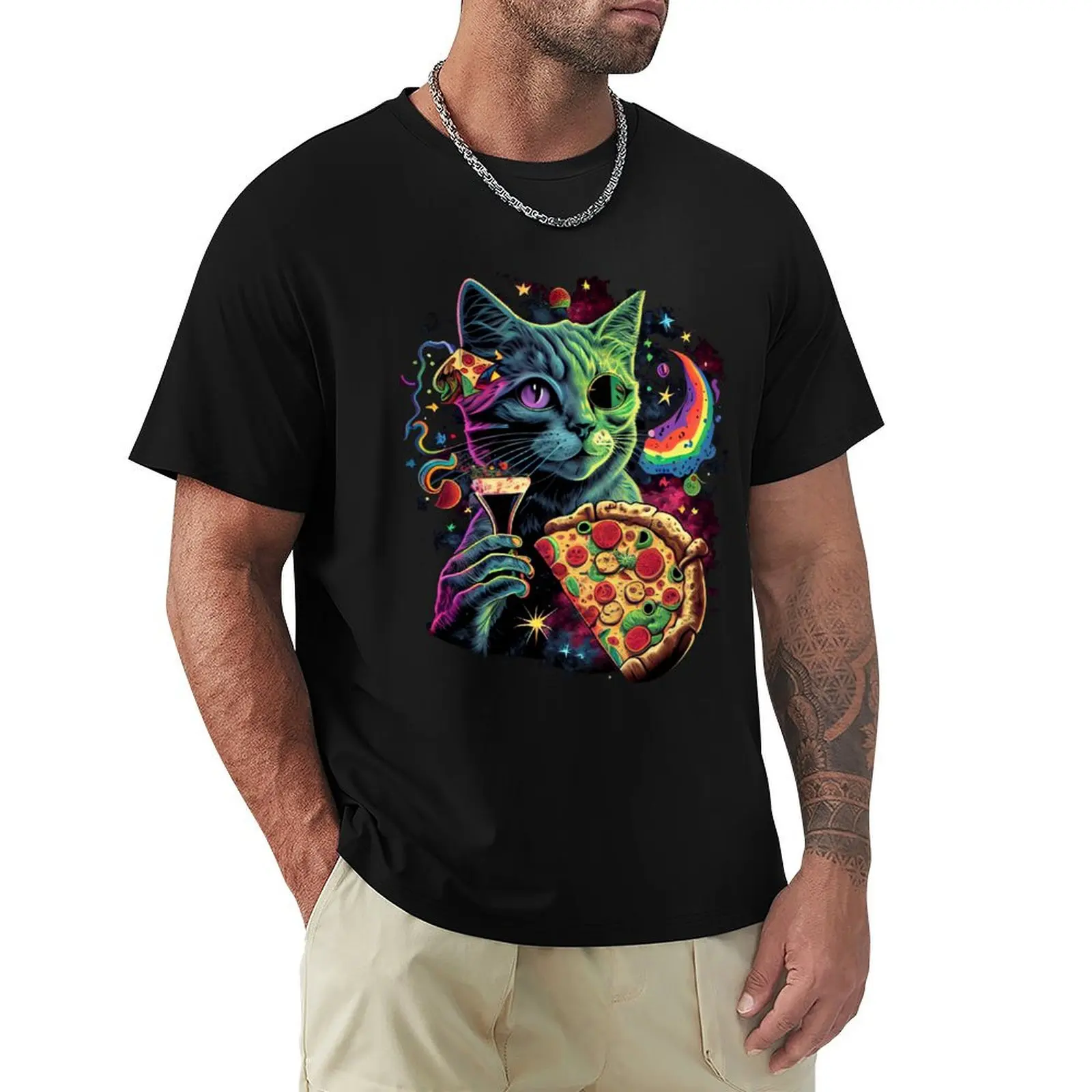 

Psychedelic Alien Cat Pizza in Space T-Shirt boys animal print vintage clothes vintage anime shirt mens t shirts pack