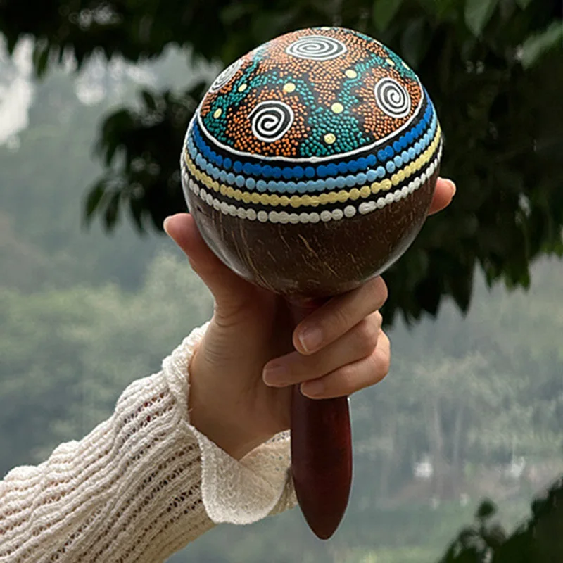 

Марака из скорлупы кокоса, ручная роспись, песочный молоток, деревянная ручка, марака, натуральный песочный молоток из скорлупы кокоса, ударные инструменты