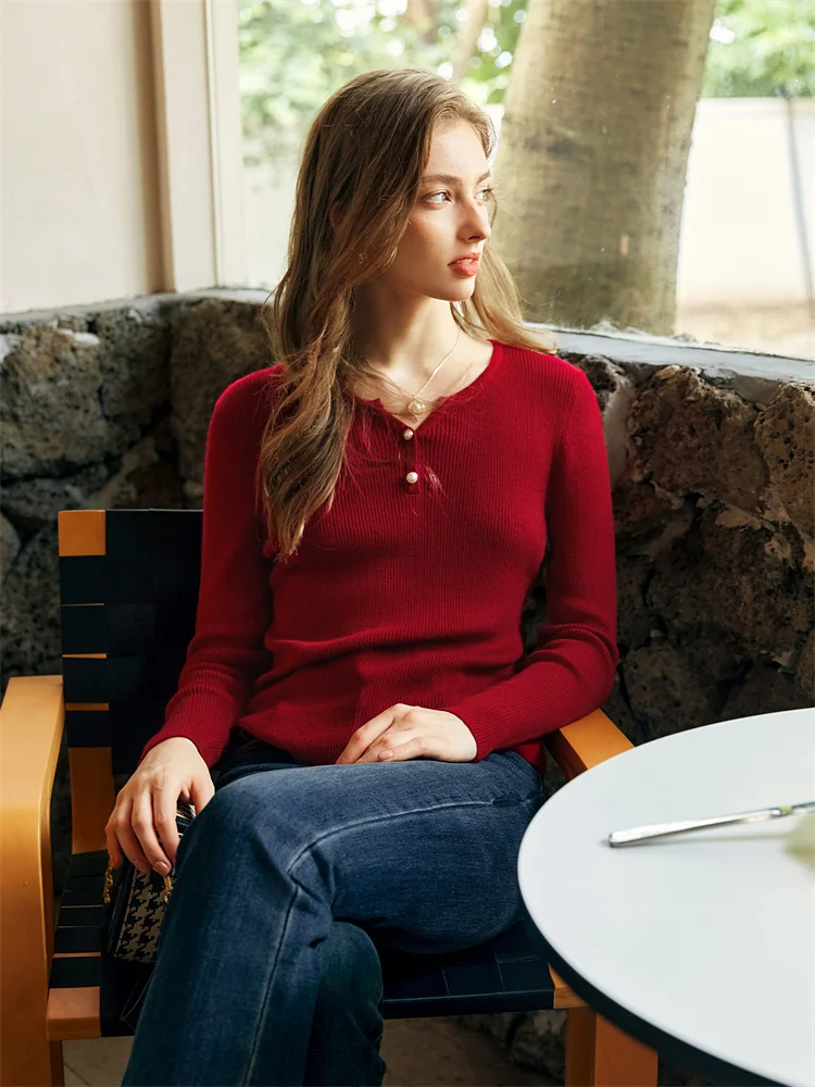 

OLrain French Red Knitted Sweater Women's Early Autumn 2025 New Slim-fit Pullover Solid Bottoming Commute Female Tops M56QZ86505