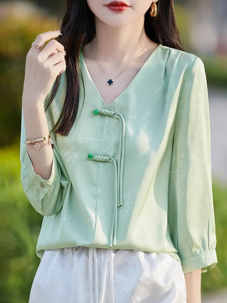 Ele ort Sve Women's Top Silk Tussah Embroidery Button  Haute Couture Summer Fine Chinese Sle V-ne T-irt