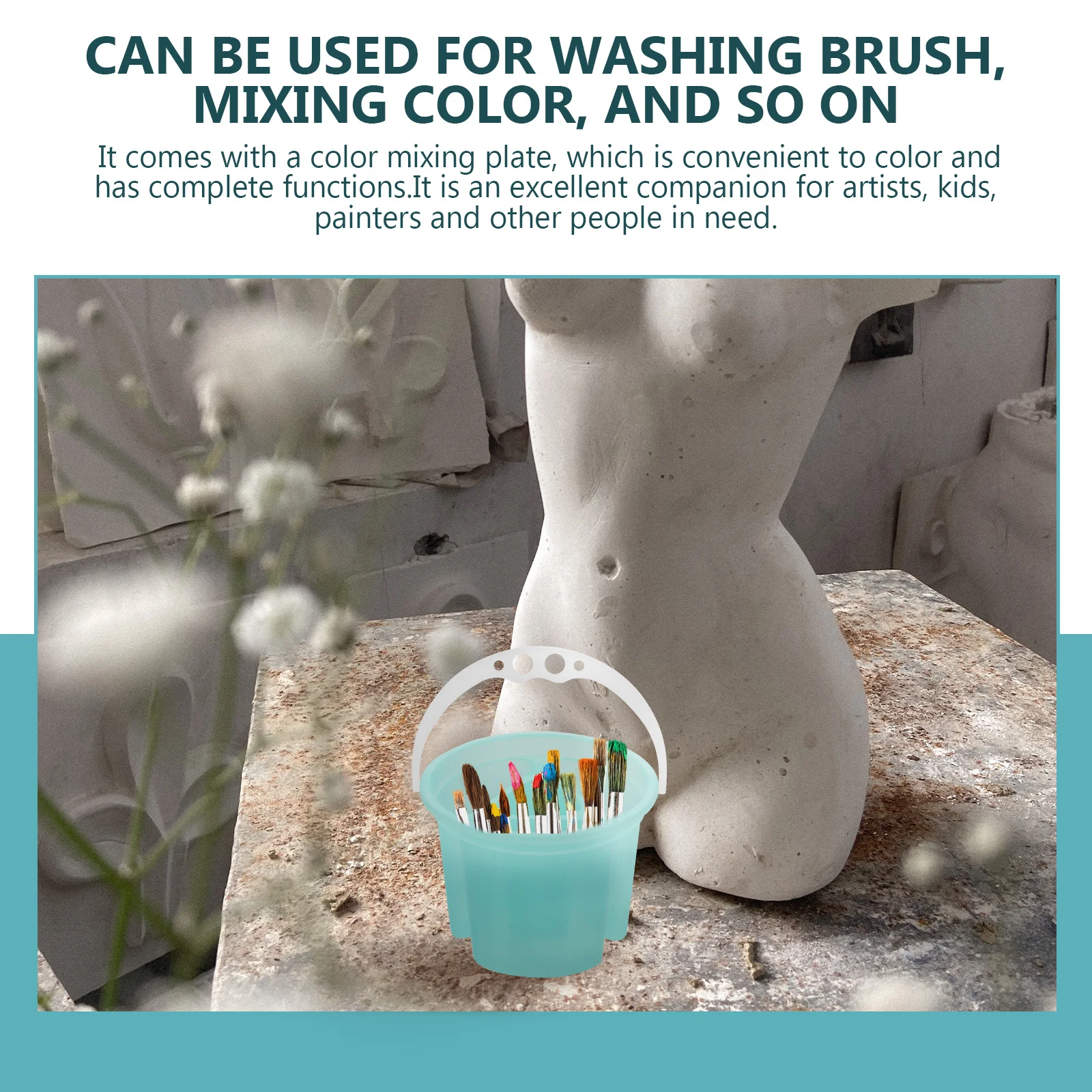 2 pezzi di strumenti artistici in plastica per lavabo con spazzole per miscelare colori e pulire, secchielli per pittura portatili con manico per artisti