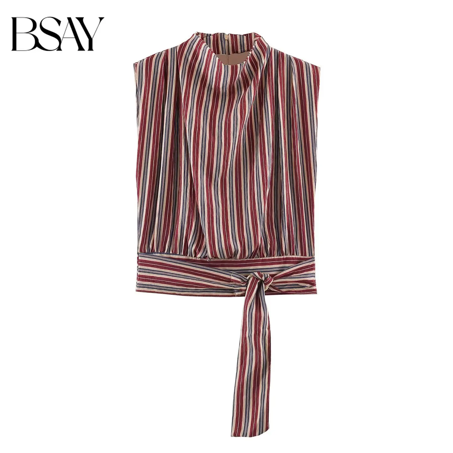 BSAY 2026 Autumn Bohemian Vacation Style Women's Striped Sleeveless Top Half High Collar Waist Strap Tie Back Zipper Party Shirt