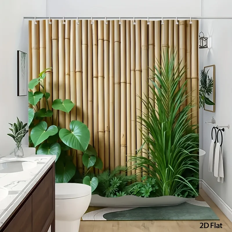 A Natural Zen-style Shower Curtain Featuring Printed Grain Textures and Lush Tropical Greenery as Its Core Elements. The Design
