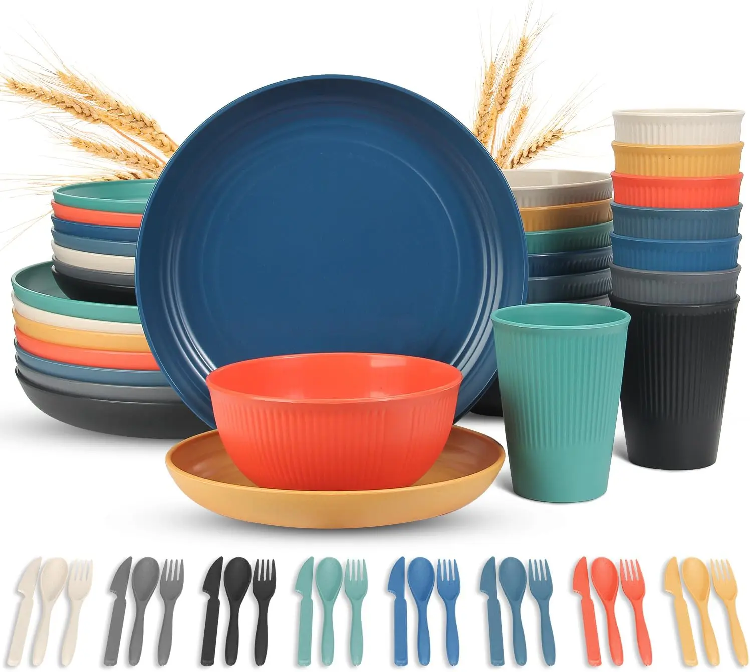 

56-Piece Wheat Straw Dinnerware Set, Unbreakable & Reusable, Dishwasher/Microwave Safe for Apartment & Camping