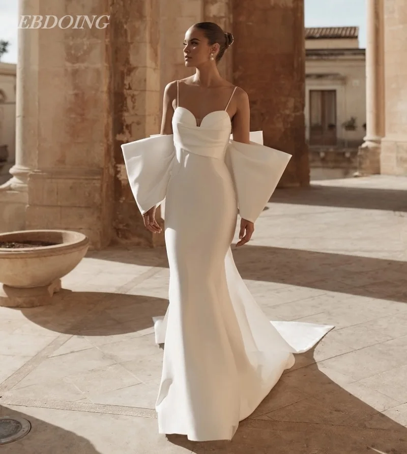 

EBDOING New Arrive Wedding Dress Mermaid Satin Sweetheart Neckline Backless With Big Bow Customized Vestidos De Novia
