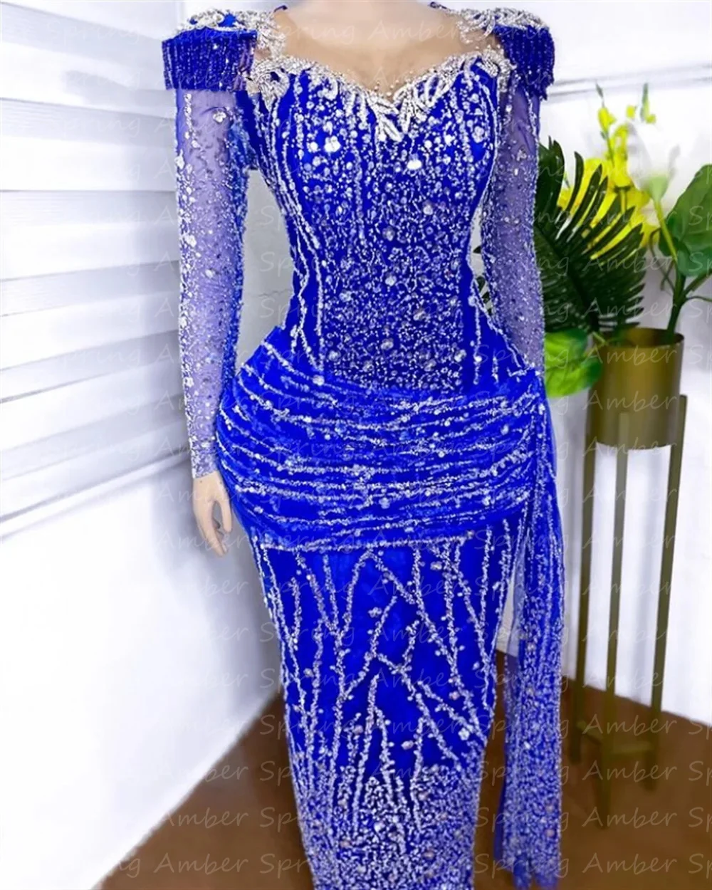 

2024 Королевский синий Aso Ebi вечерние платья с длинным рукавом Роскошные бусины кисточки африканская Русалка строгое платье для свадебного платья