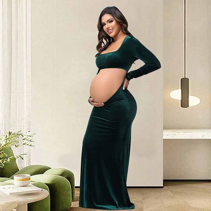 Maternity Photography Dress Velvet Sexy Exposed Belly Long Sleeve Backless Square Neck Women Photoshoot Dress