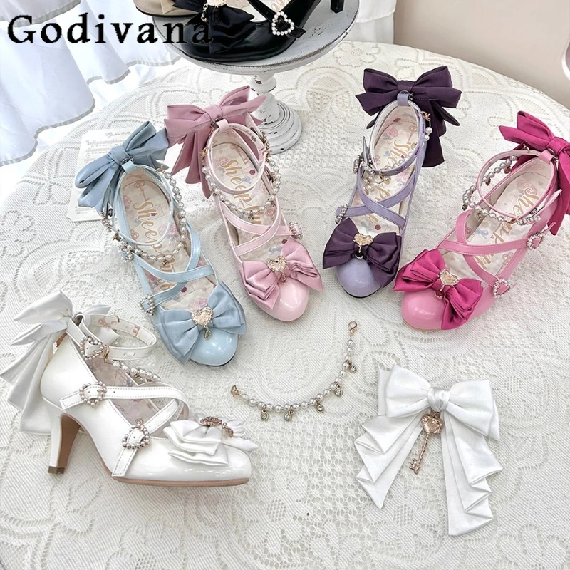 

Сладкие свадебные туфли принцессы для девочек на высоком каблуке, весенне-осенние новые женские милые элегантные туфли-лодочки на высоком каблуке с милым бантом для дня рождения