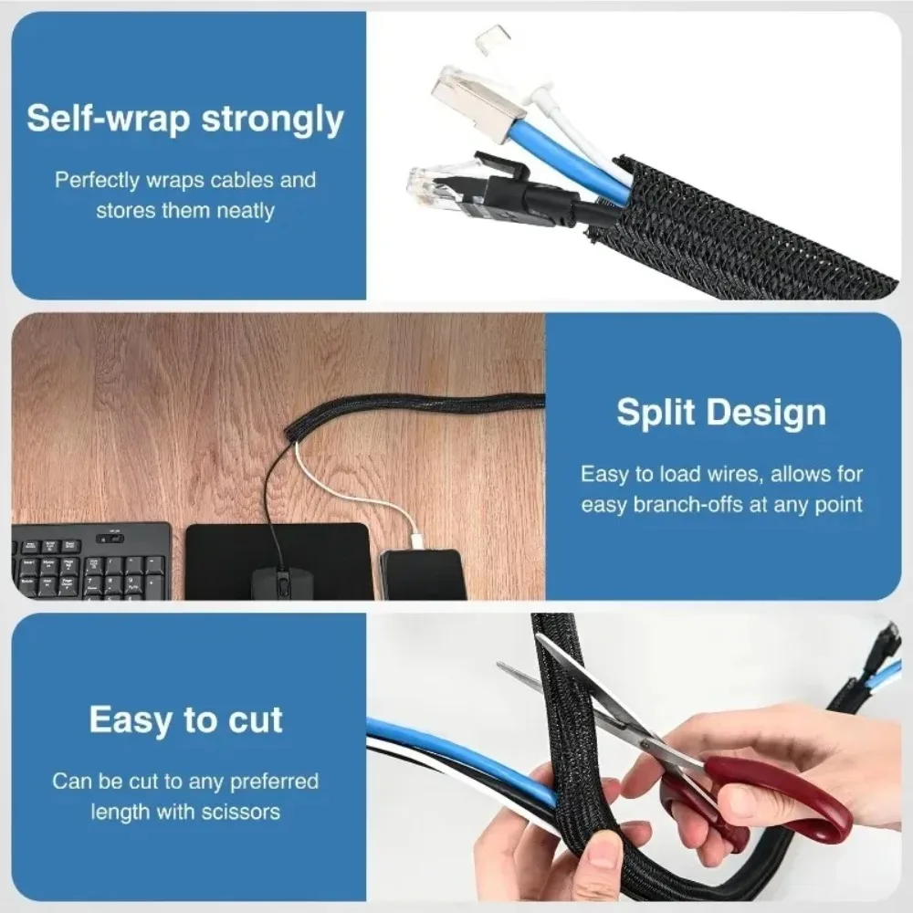 PET Braided Cable Sleeve Expandable High Density Self-Closed Insulated Line Protection Wire Wrap Sheath Cables Snake Skin