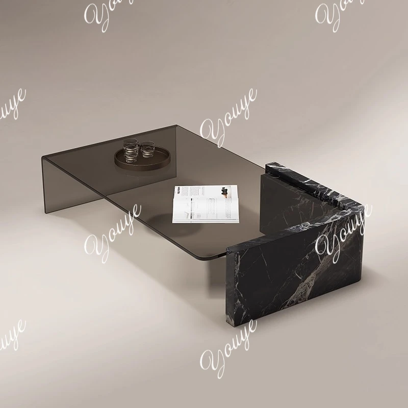 

Italian light luxury glass home living room minimalist designer natural marble coffee table combination furniture
