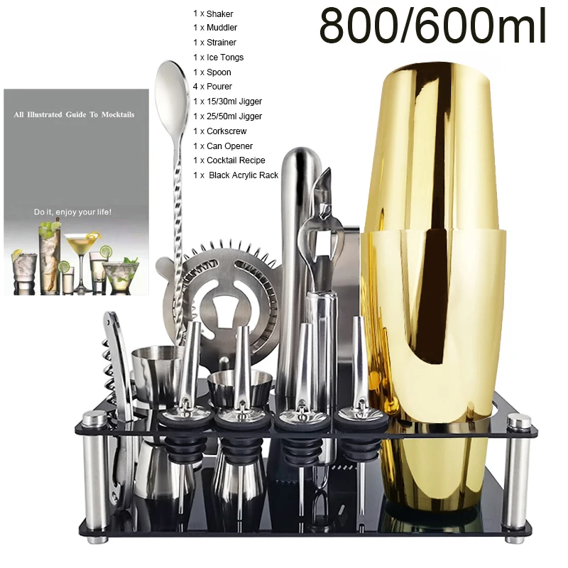 13Pcs Cocktail Shaker 800/750/600/550ml Boston Stainless Steel Mixer Bartender Bar Tools Shakers Set Recipe With Wine Stand