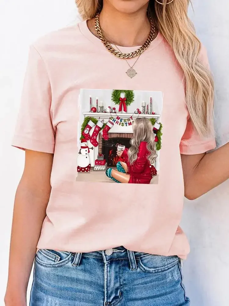 Lovely Watercolor Trend Cute Tee Clothes Top Print T Shirt Christmas Women New Year Short Sleeve Fashion Basic Graphic T-shirts