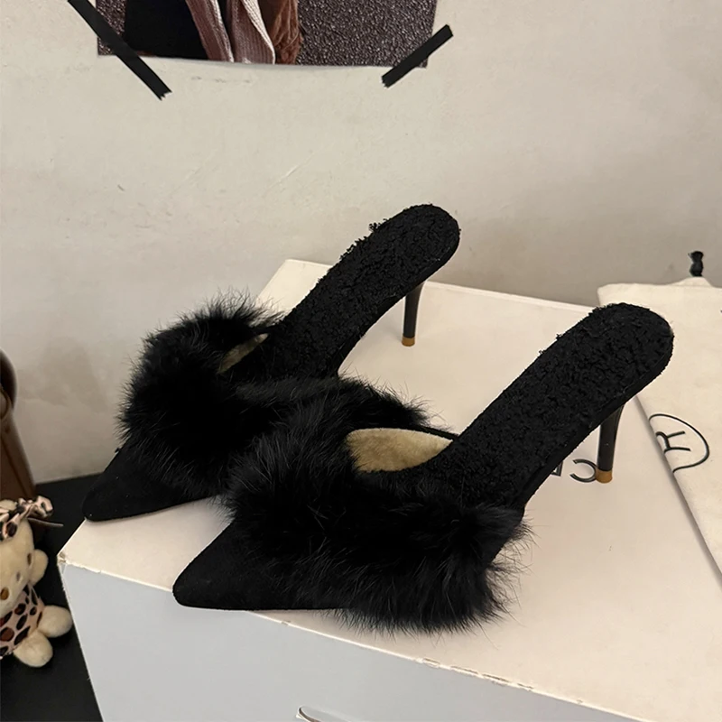 

Женские тапочки на высоком каблуке с мехом, туфли-лодочки с острым носком, зимние сандалии, 2025 г., пикантные модельные туфли с открытой пяткой, новые туфли-лодочки, шлепанцы Mujer