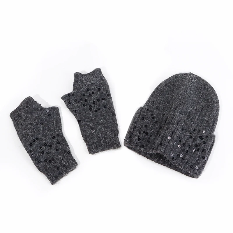 Hat Gloves Set Women Winter Beanie Angora Knit Sequins Warm Soft Skiing Accessory For Autumn Cold Weather Outdoors Sports