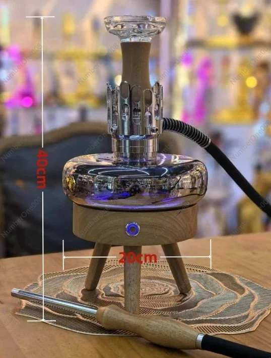 Touch Control Hookah Set with LED Lighting Metal Wooden Base Shisha Pipe for Home Use