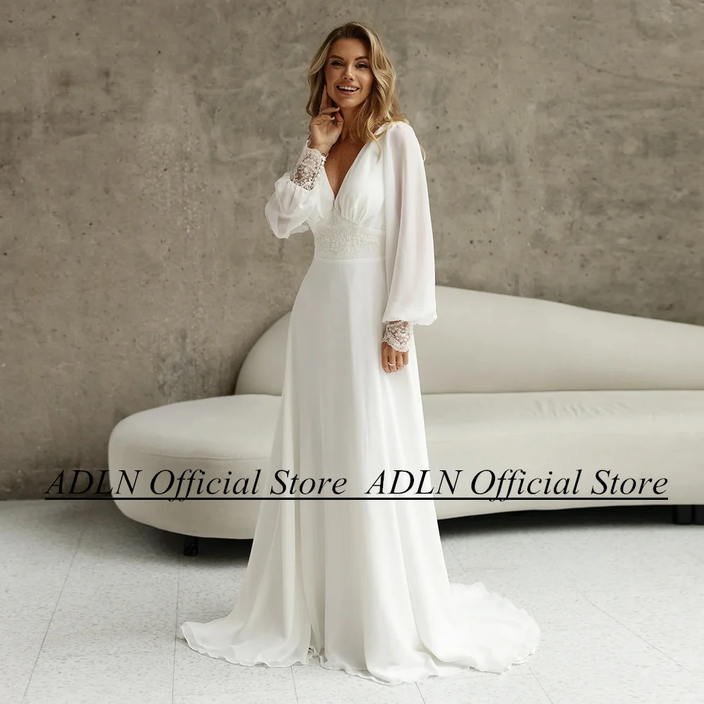 ADLN Women Wedding Dress Customized Puff Sleeves V Neck Applique Summer A Line Bride Gown Open BacK Beach Bridal Dresses