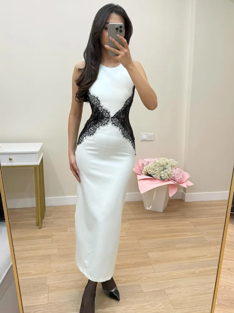 فستان نسائي مثير مرقع من الدانتيل المتباين فستان نسائي أنيق بدون ظهر مكشوف الأكتاف فساتين ماكسي ضيقة لحفلات الإجازات جديد