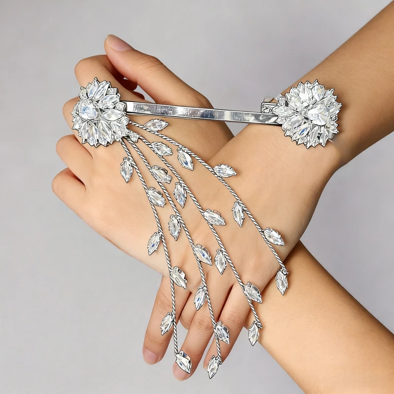 Luxury Cubic Zirconia Diamonds Flower Cuff Bangle for Hand Palm Unique Design Bracelet for Evening Gown Graduation Ceremony