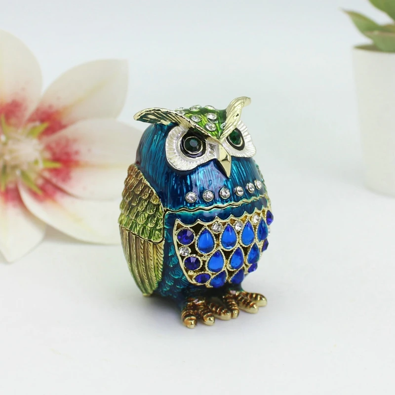

SHINNYGIFTS Owl Trinket Box Hand-Painted Enamel Jewelry Box and Sparkling Rhinestones, Metal Collectible Figurine for Home Decor