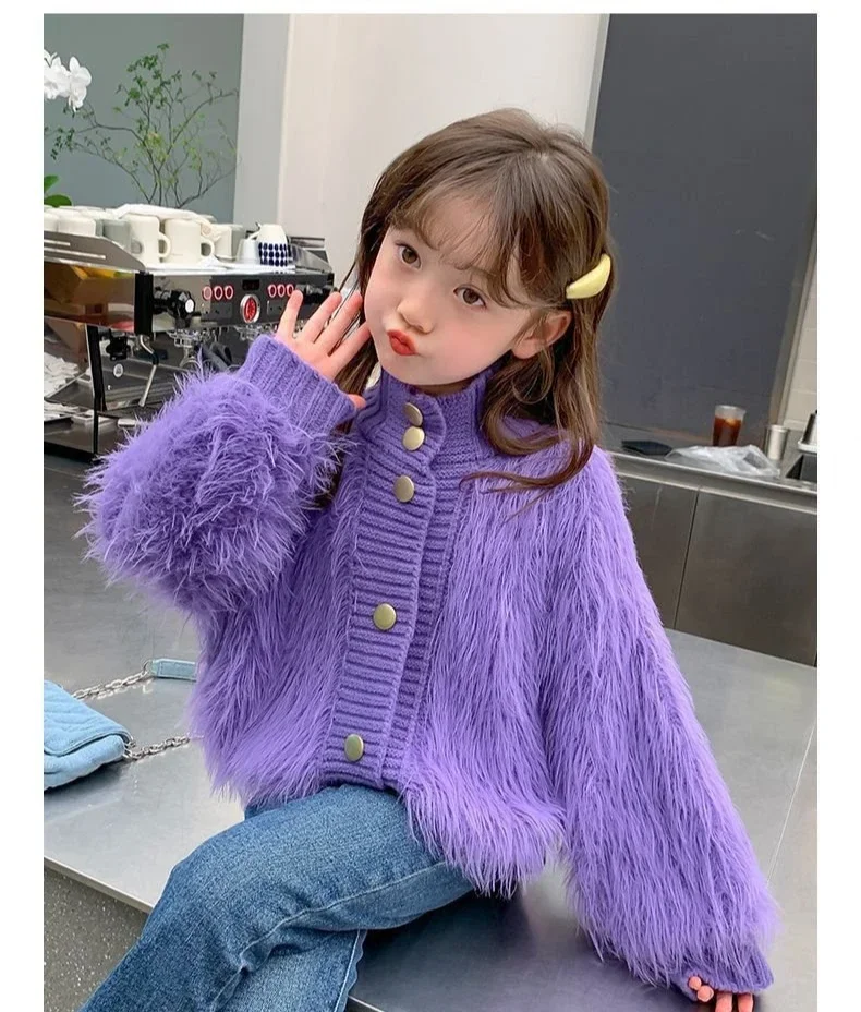 Girls Sweater Cardigan 2024 New Fashion Spring Autumn Children Mink Spring Fur Coat Simple Casual Sweater Clothes Top Kid image 2